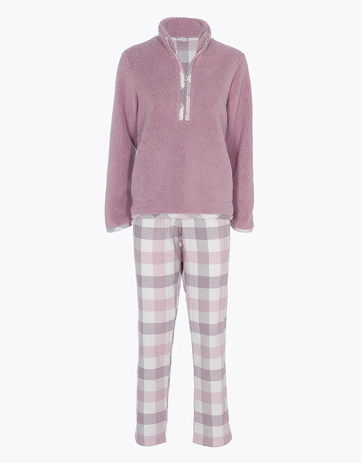 Lovable Pigiama Lungo Con Pelliccetta Agnellata E Flanella, Rosa E Grigio