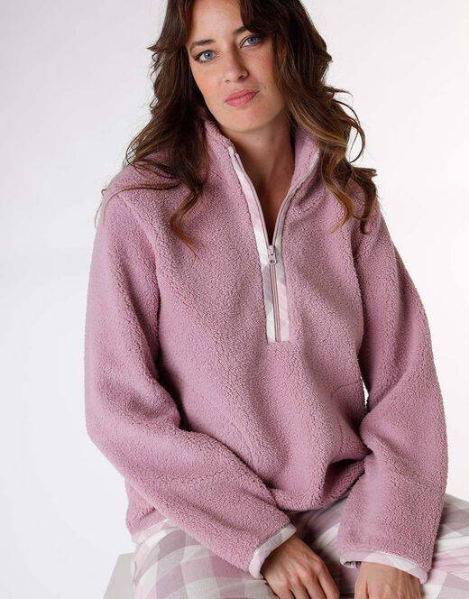 Lovable Pigiama lungo con pelliccetta agnellata e flanella, rosa e grigio