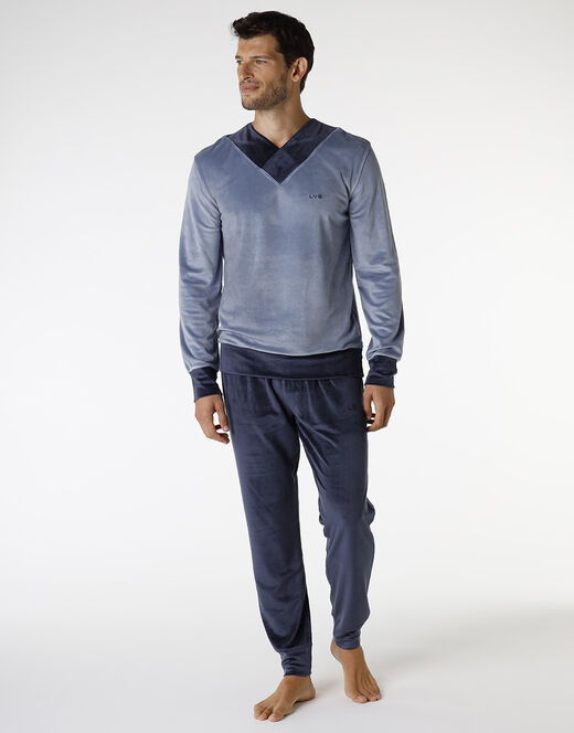 Lovable Pigiama Lungo In Ciniglia, Blu Polvere E Blu Navy