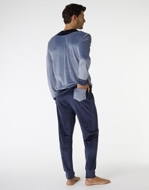 Lovable Pigiama Lungo In Ciniglia, Blu Polvere E Blu Navy