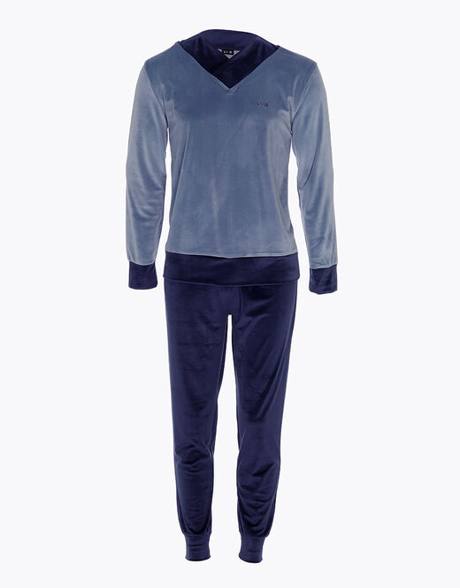 Lovable Pigiama Lungo In Ciniglia, Blu Polvere E Blu Navy