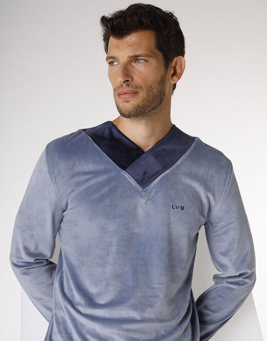 Lovable Pigiama lungo in ciniglia, blu polvere e blu navy