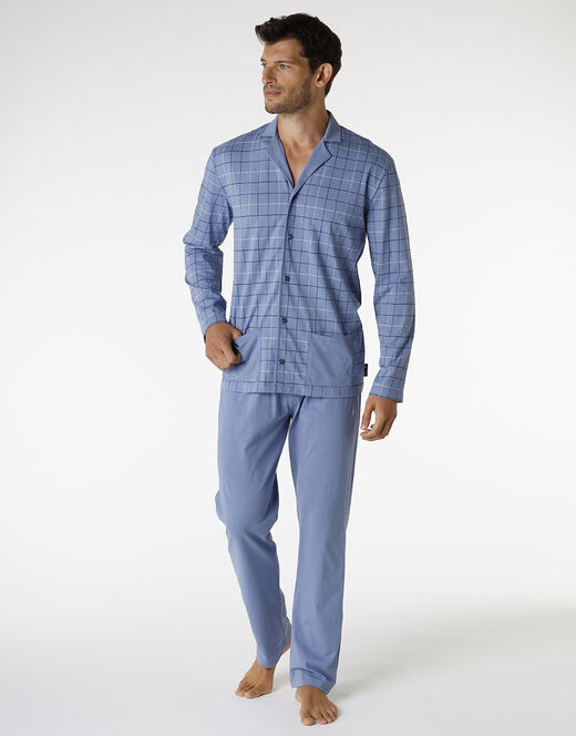 Lovable Pigiama lungo in cotone, blu polvere con stampa a riquadri