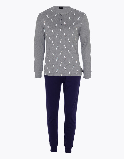 Lovable Pigiama Lungo In Cotone, Grigio Melange Scuro Stampa Bowling
