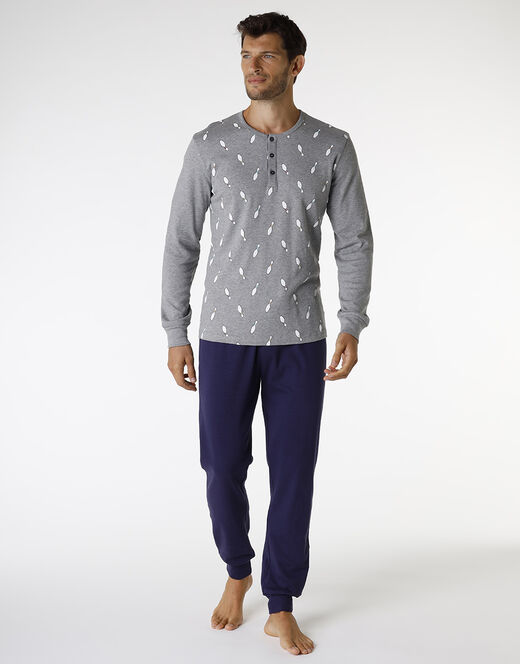 Lovable Pigiama lungo in cotone, grigio melange scuro stampa bowling