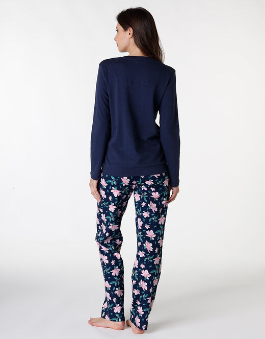 Lovable Pigiama Lungo In Interlock Di Cotone, Blu Con Stampa Floreale