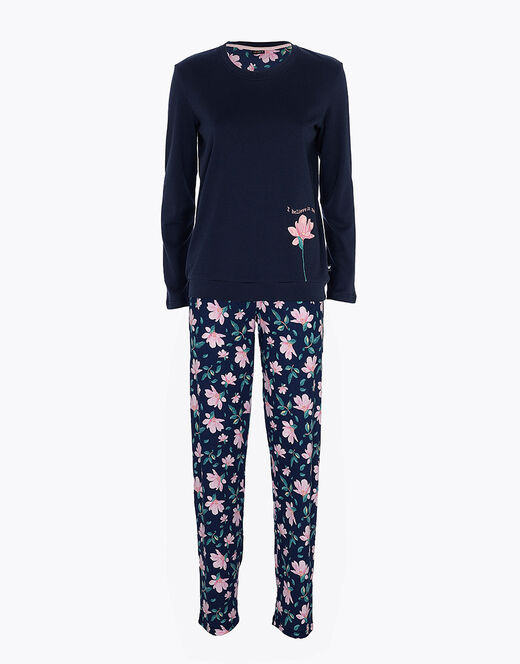 Lovable Pigiama Lungo In Interlock Di Cotone, Blu Con Stampa Floreale