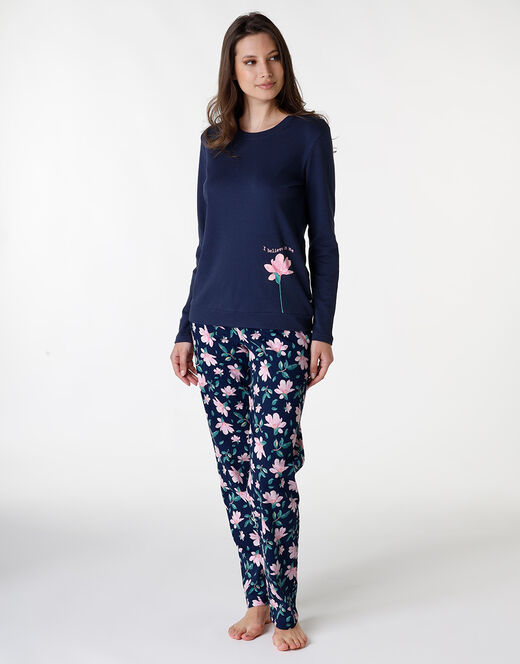 Lovable Pigiama lungo in interlock di cotone, blu con stampa floreale