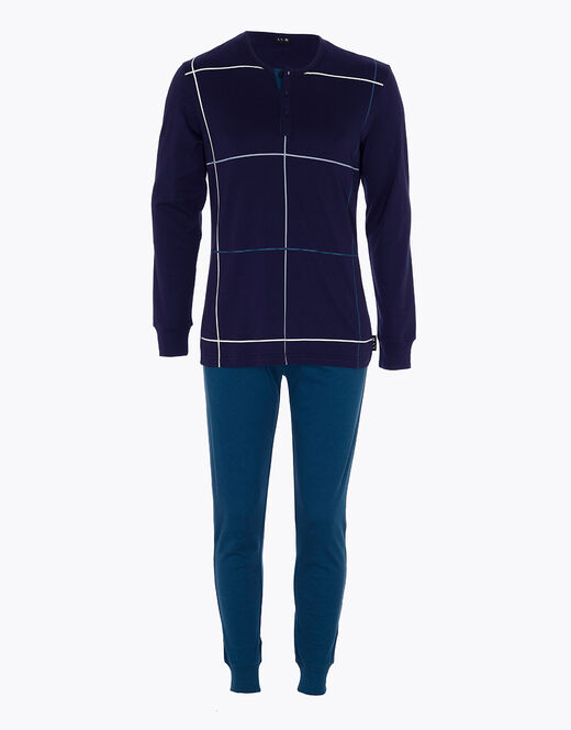 Lovable Pigiama Lungo In Interlock Di Cotone, Blu Navy Con Stampa A Quadri