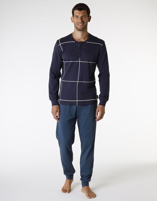 Lovable Pigiama lungo in interlock di cotone, blu navy con stampa a quadri
