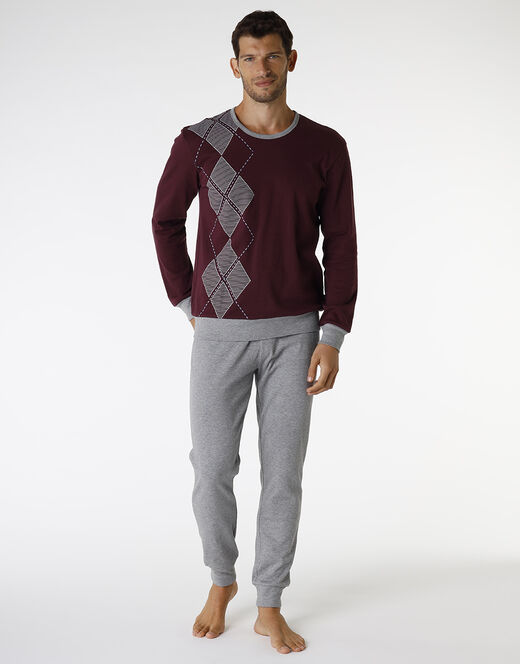 Lovable Pigiama lungo in interlock di cotone, bordeaux e grigio melange