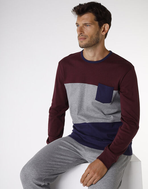 Lovable Pigiama lungo in interlock di cotone, bordeaux grigio e blu