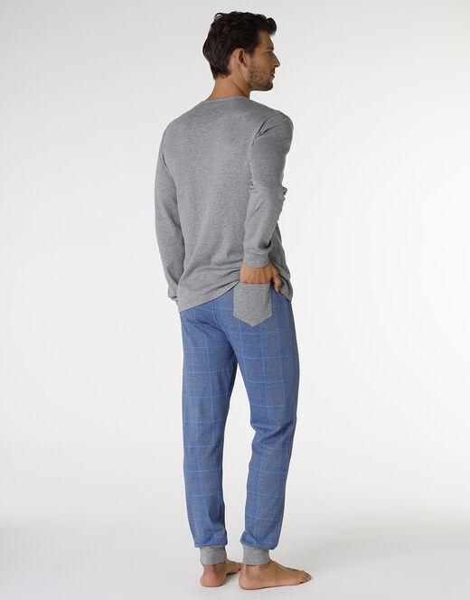 Lovable Pigiama Lungo In Interlock Di Cotone, Grigio Melage Scuro E Blu Polvere Con Stampa