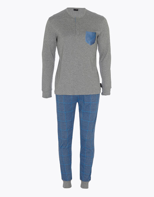 Lovable Pigiama Lungo In Interlock Di Cotone, Grigio Melage Scuro E Blu Polvere Con Stampa