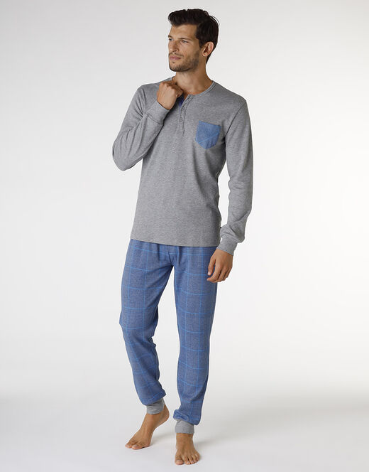 Lovable Pigiama lungo in interlock di cotone, grigio melage scuro e blu polvere con stampa