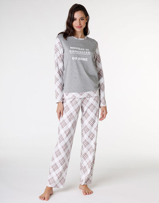 Lovable Pigiama Lungo In Interlock Di Cotone, Grigio Melange Stampato