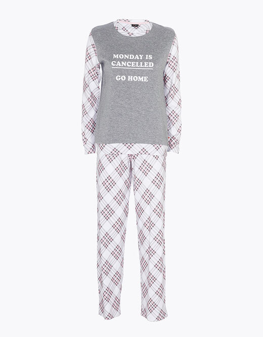 Lovable Pigiama Lungo In Interlock Di Cotone, Grigio Melange Stampato