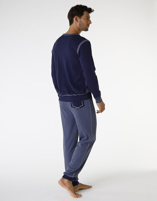 Lovable Pigiama Lungo In Interlock Filato Melange, Blu Navy E Blu Melange