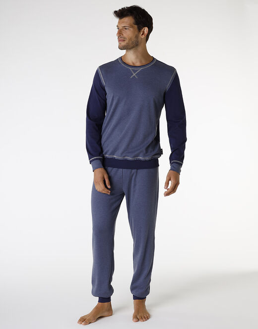 Lovable Pigiama lungo in Interlock filato melange, blu navy e blu melange