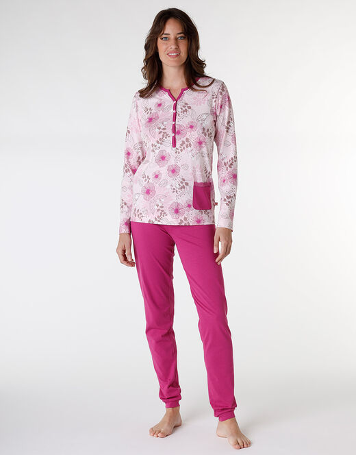 Lovable Pigiama lungo in jersey di cotone, rosa con stampa floreale