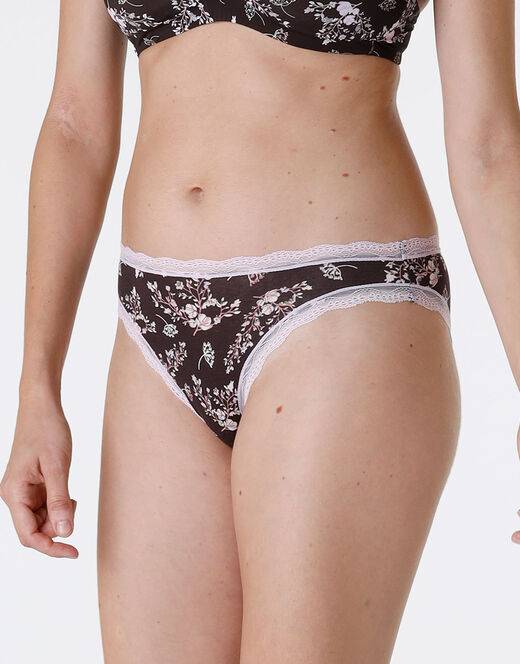 Lovable Slip Lovable Panties In Cotone E Pizzo Elasticizzati, Stampa Fiori Fondo Caffè
