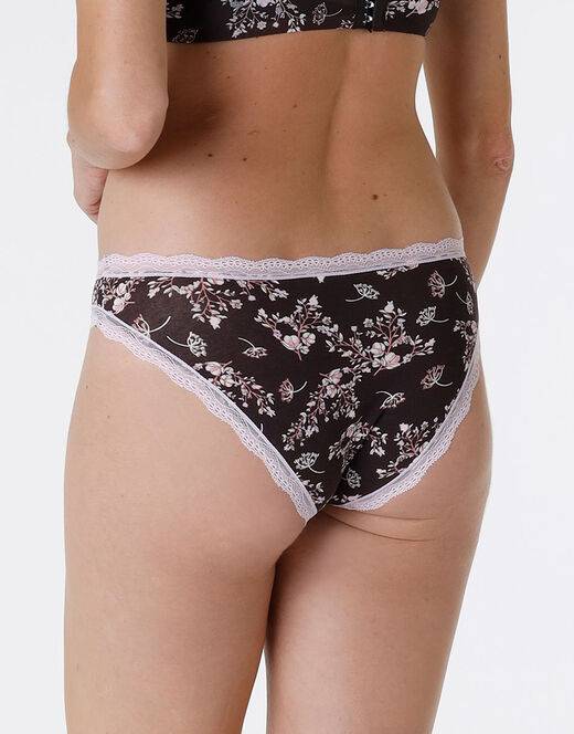 Lovable Slip Lovable Panties In Cotone E Pizzo Elasticizzati, Stampa Fiori Fondo Caffè