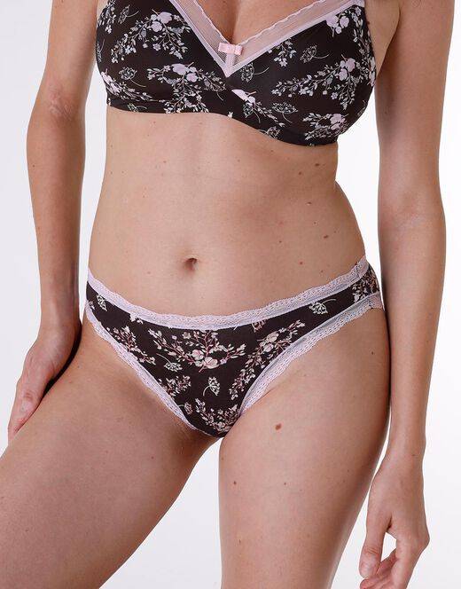 Lovable Slip Lovable Panties in cotone e pizzo elasticizzati, stampa fiori fondo caffè