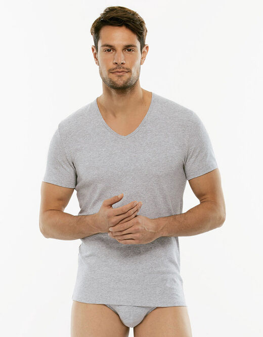 Lovable T-Shirt Cotton Stretch in cotone elasticizzato scollo a V, grigio melange