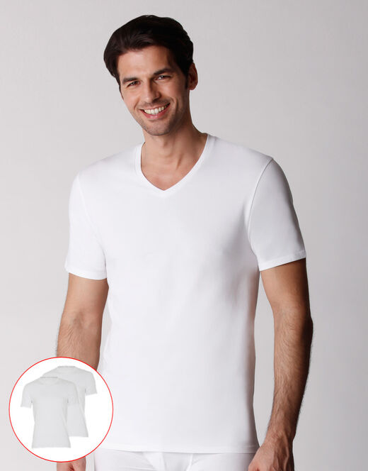 Lovable T-shirt scollo a V uomo in cotone biologico, confezione x2 bianco