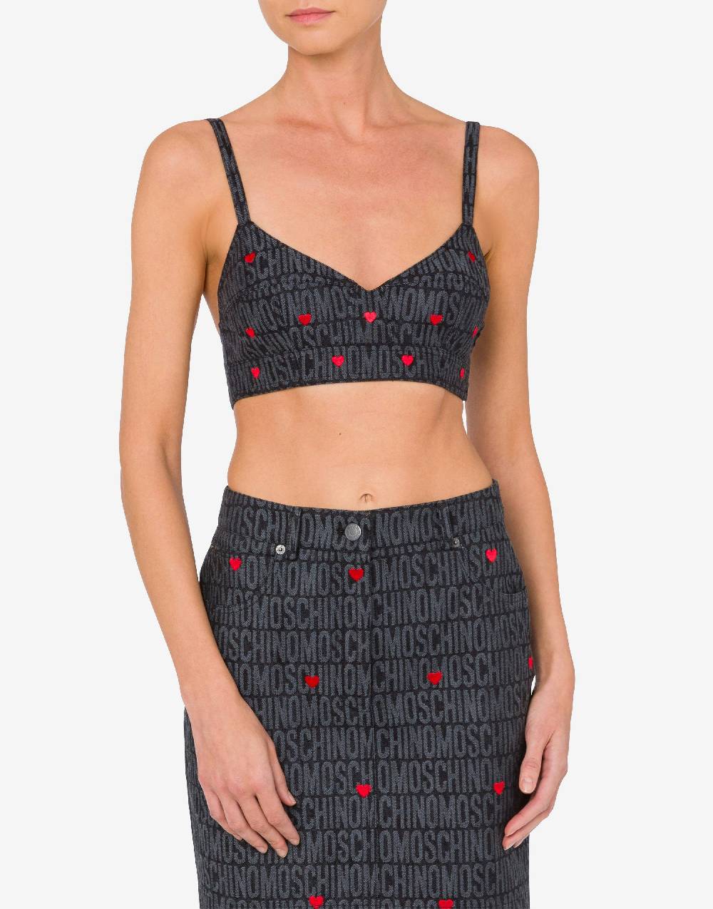 Love Moschino Crop Top In Denim Con Cuori Allover Logo