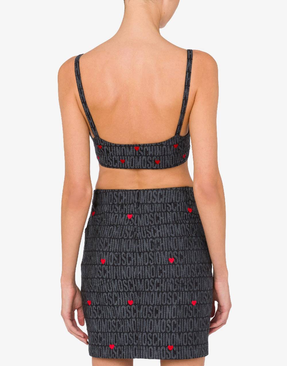 Love Moschino Crop Top In Denim Con Cuori Allover Logo