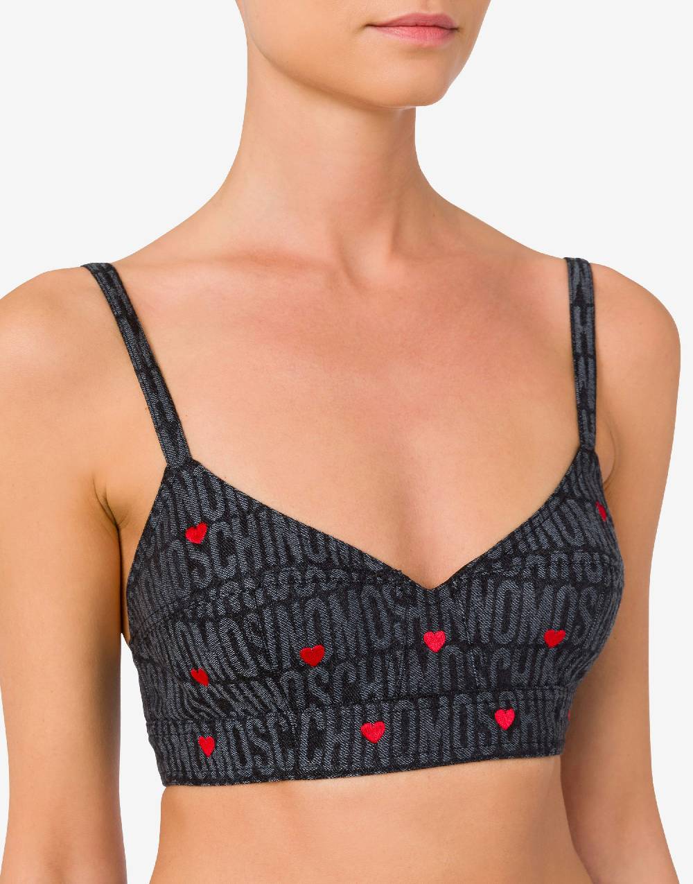 Love Moschino Crop Top In Denim Con Cuori Allover Logo