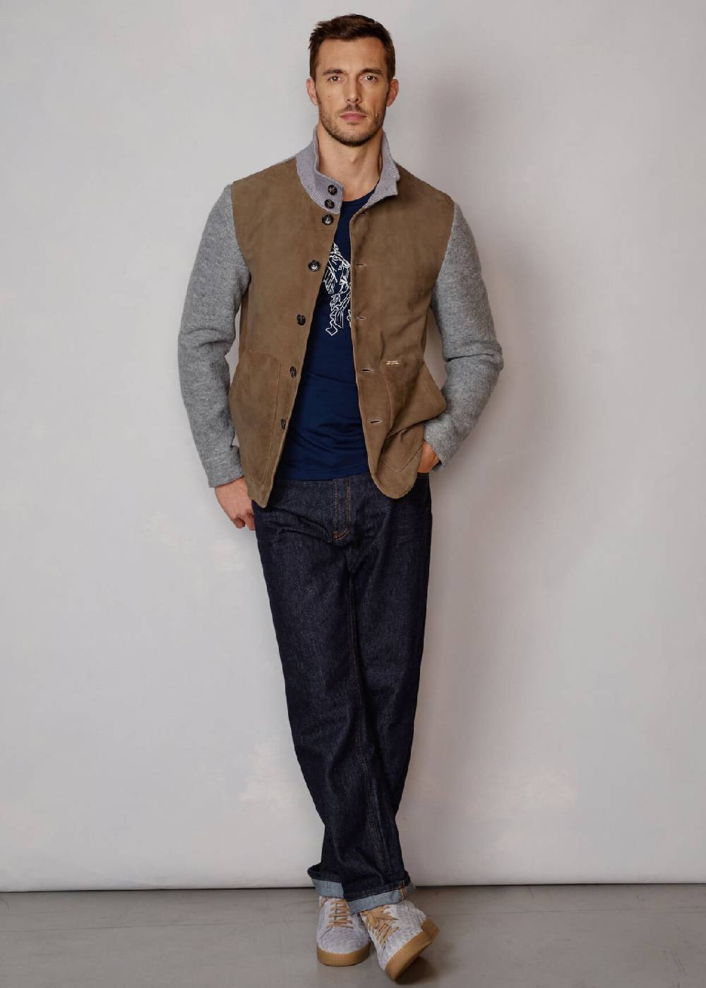 Luis Trenker Blazer in lana follata con parte anteriore in pelle scamosciata Lupoldo