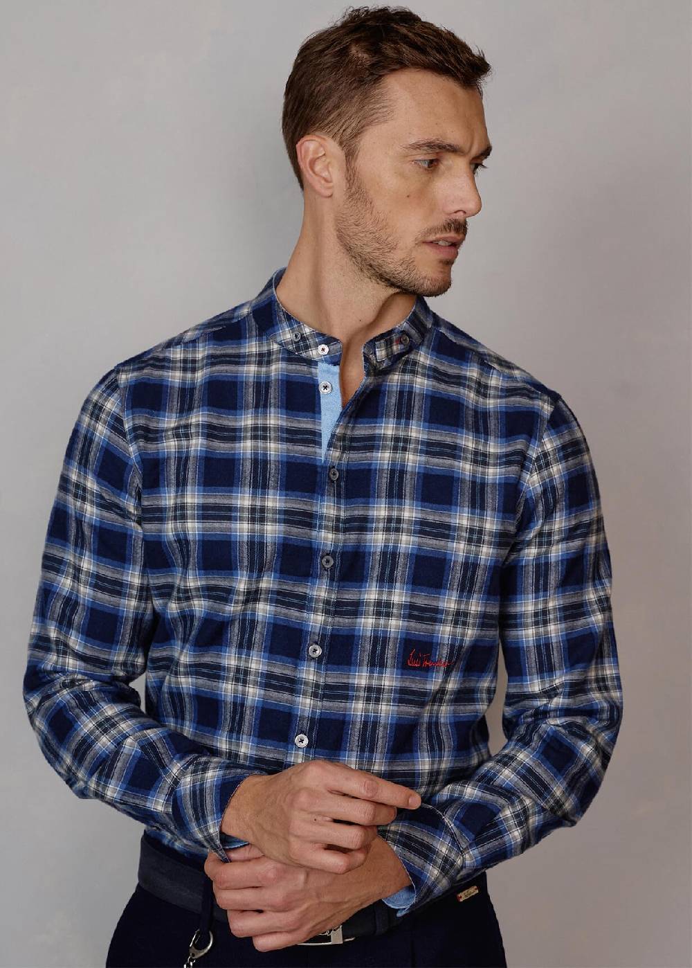 Luis Trenker Camicia a quadri con colletto alla coreana modello Lubernet