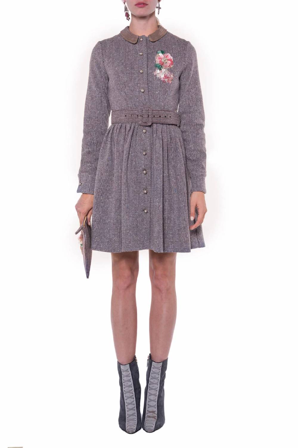 Luisa Beccaria Abito A Maniche Lunghe In Tweed Con Ricamo