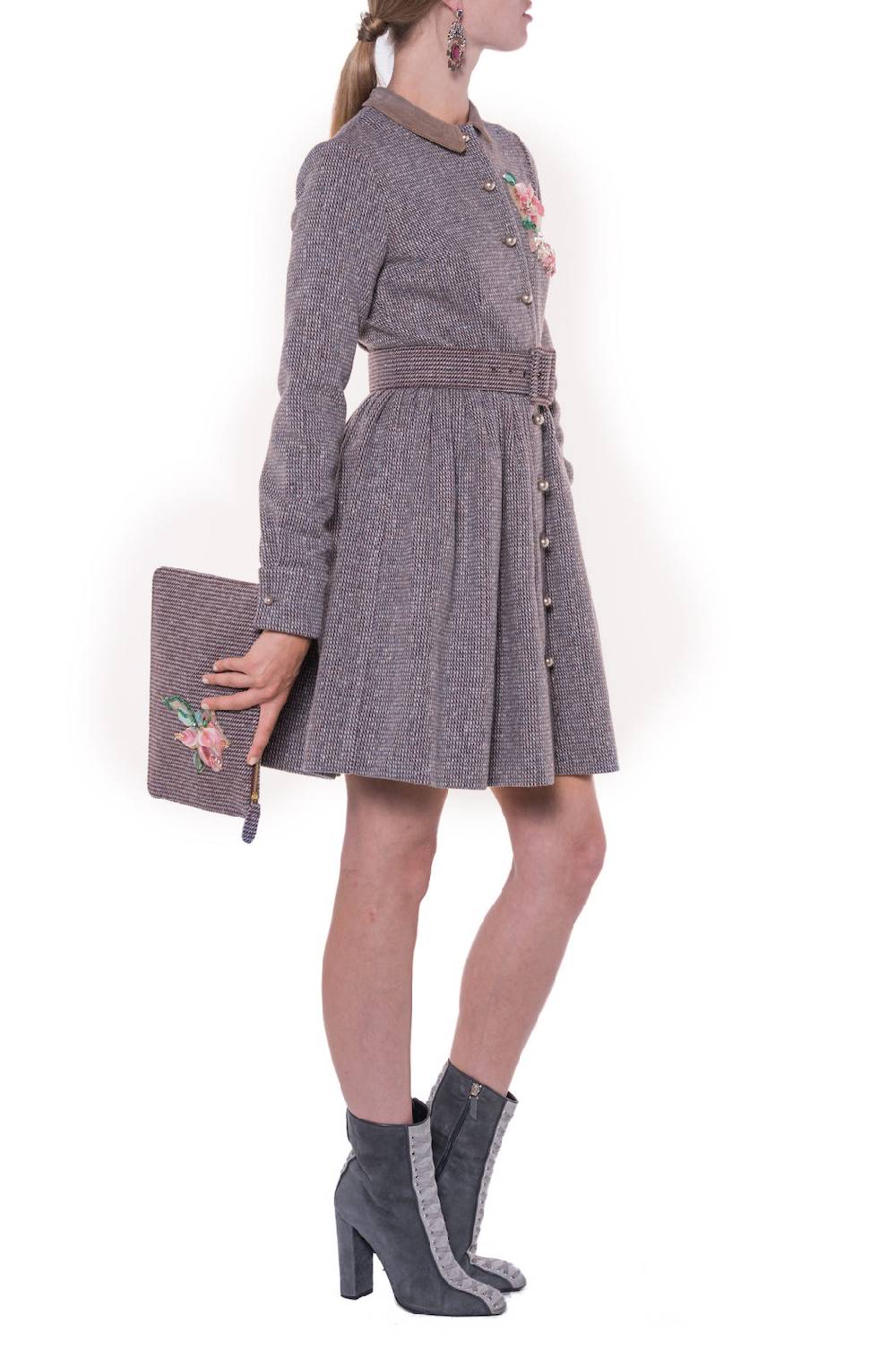 Luisa Beccaria Abito A Maniche Lunghe In Tweed Con Ricamo