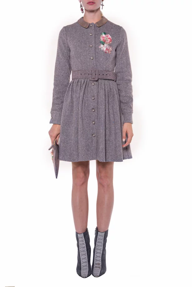 Luisa Beccaria Abito A Maniche Lunghe In Tweed Con Ricamo