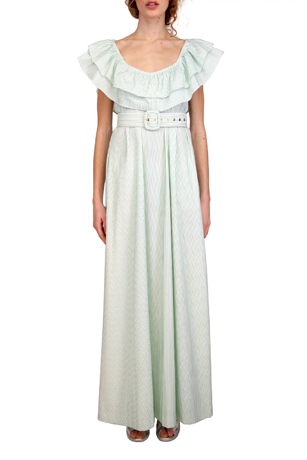 Luisa Beccaria Abito A Righe Verde / Bianco Con Volant