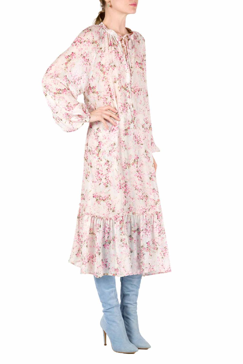 Luisa Beccaria Abito Ampio Raglan Con Stampa Boccioli Di Rosa