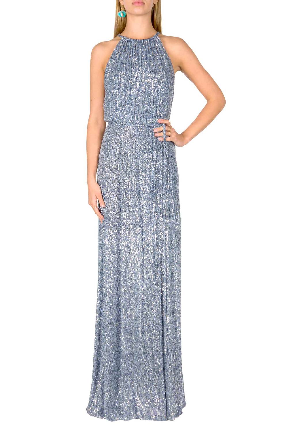 Luisa Beccaria Abito Blu Con Paillettes A Fessura Alta