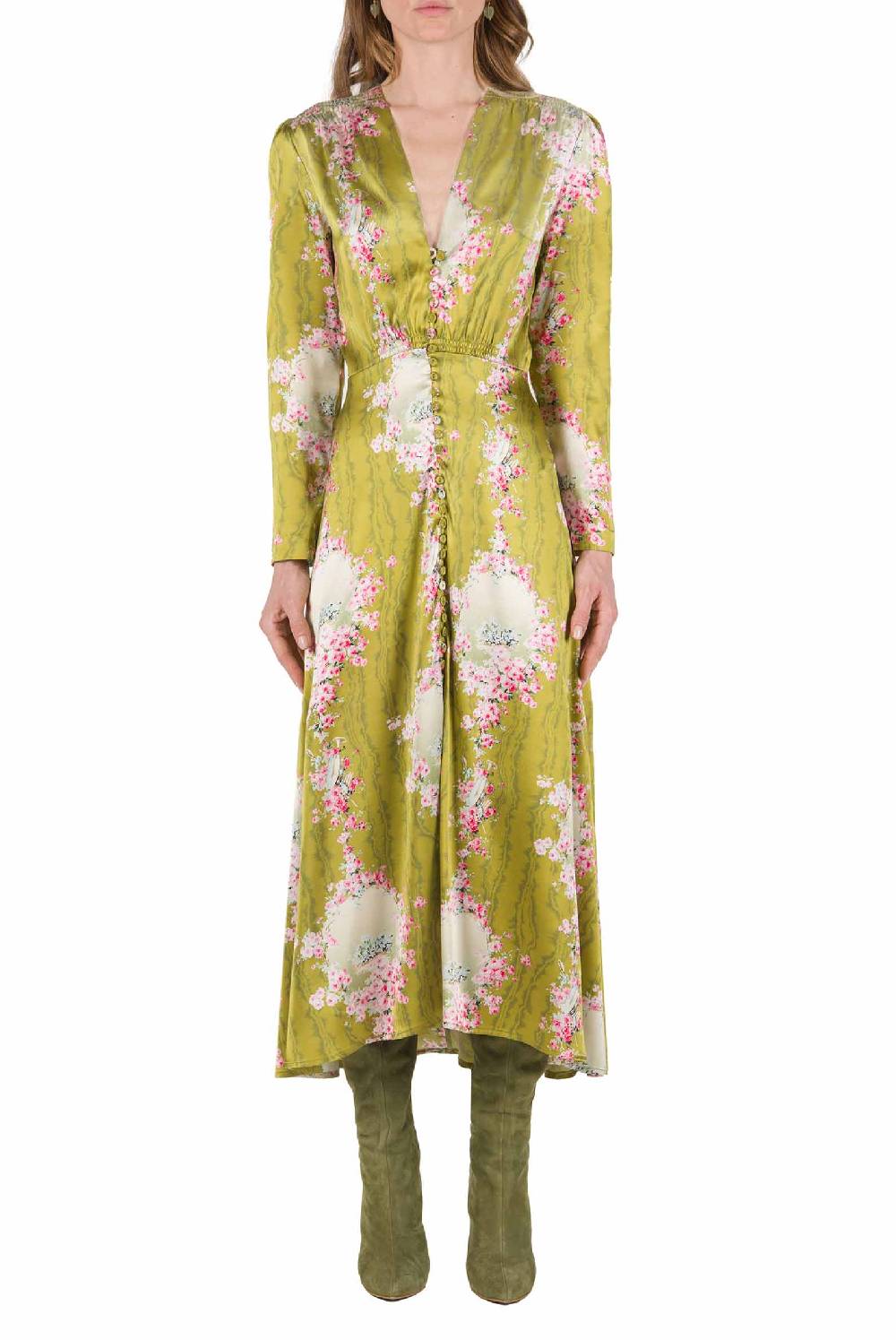 Luisa Beccaria Abito Bottoncino Cocktail Cerchio Di Rose Stampato