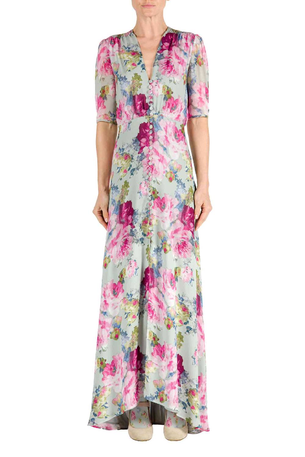 Luisa Beccaria Abito Bottoncino In Crepe Stampa Floreale Rose