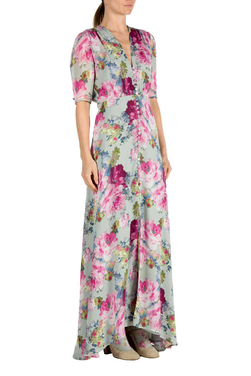 Luisa Beccaria Abito Bottoncino In Crepe Stampa Floreale Rose