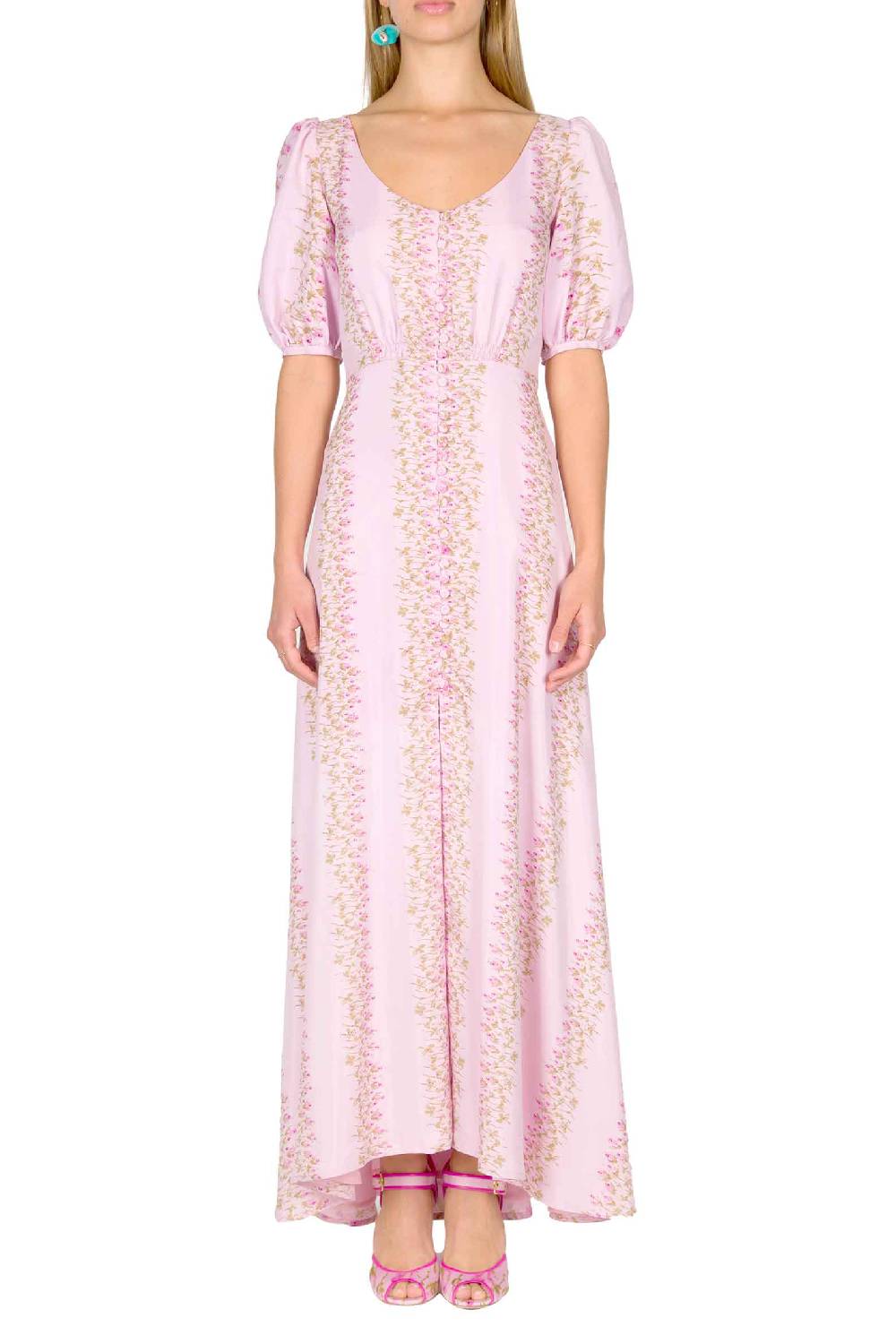 Luisa Beccaria Abito Bottoncino In Seta A Righe Fiorite