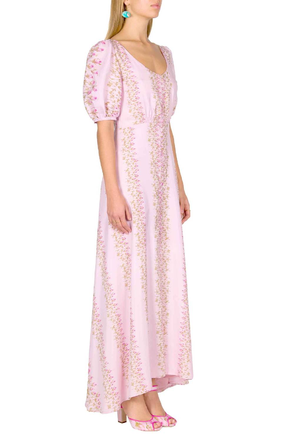 Luisa Beccaria Abito Bottoncino In Seta A Righe Fiorite