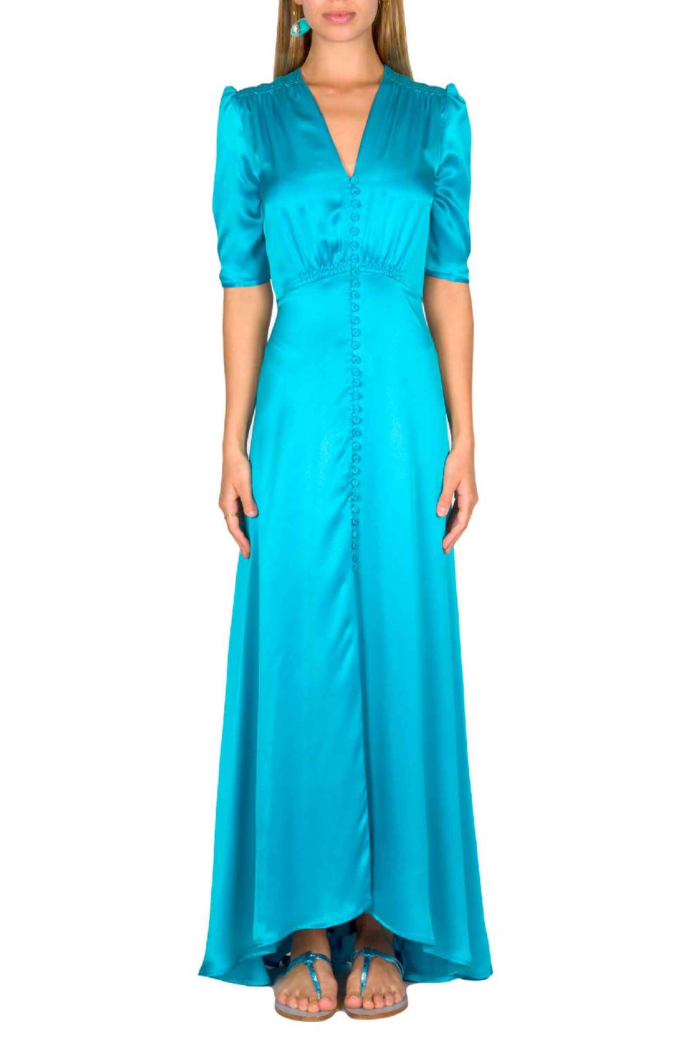 Luisa Beccaria Abito Bottoncino In Seta Turchese Con Maniche Corte