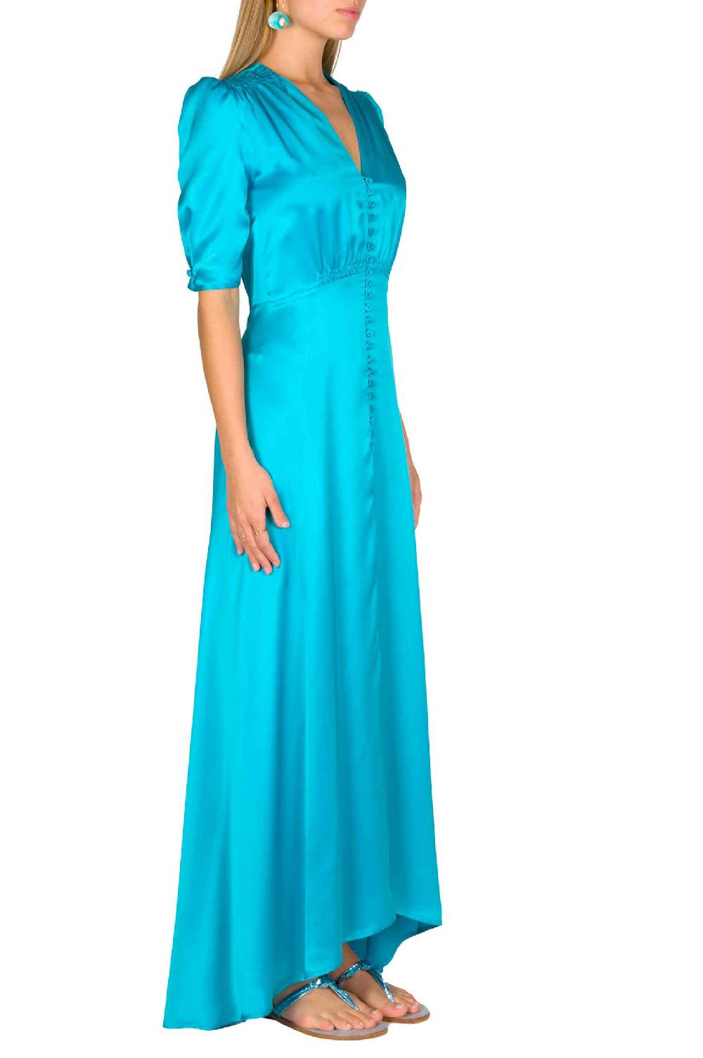 Luisa Beccaria Abito Bottoncino In Seta Turchese Con Maniche Corte