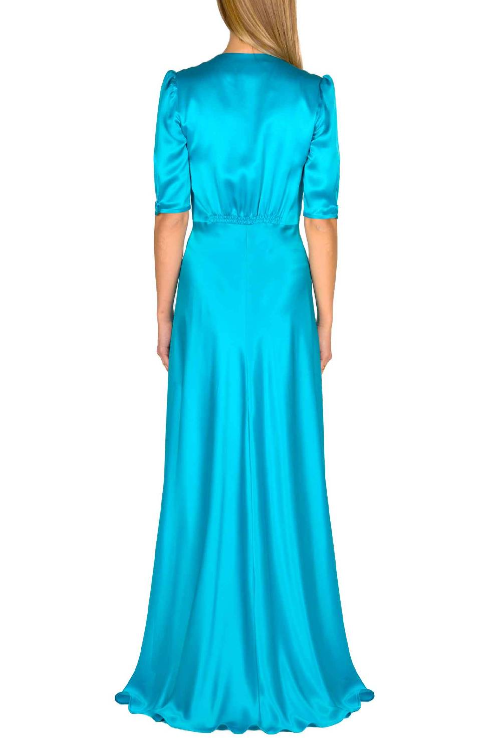 Luisa Beccaria Abito Bottoncino In Seta Turchese Con Maniche Corte