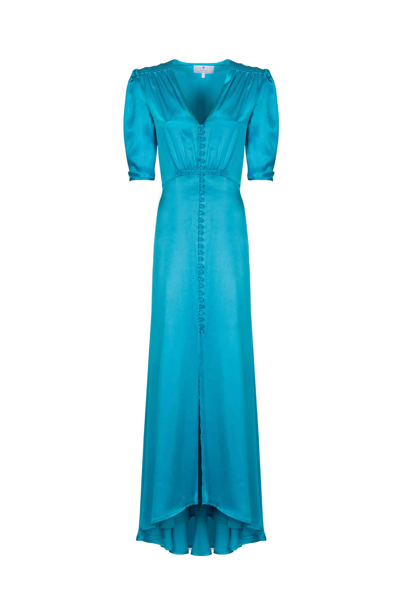 Luisa Beccaria Abito Bottoncino In Seta Turchese Con Maniche Corte