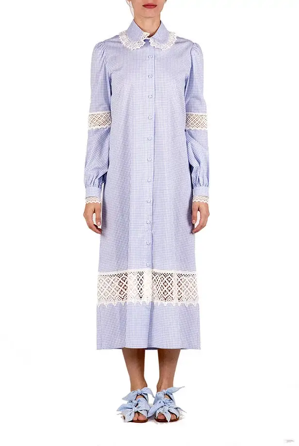 Luisa Beccaria Abito Chemisier In Cotone A Quadretti Con Pizzo